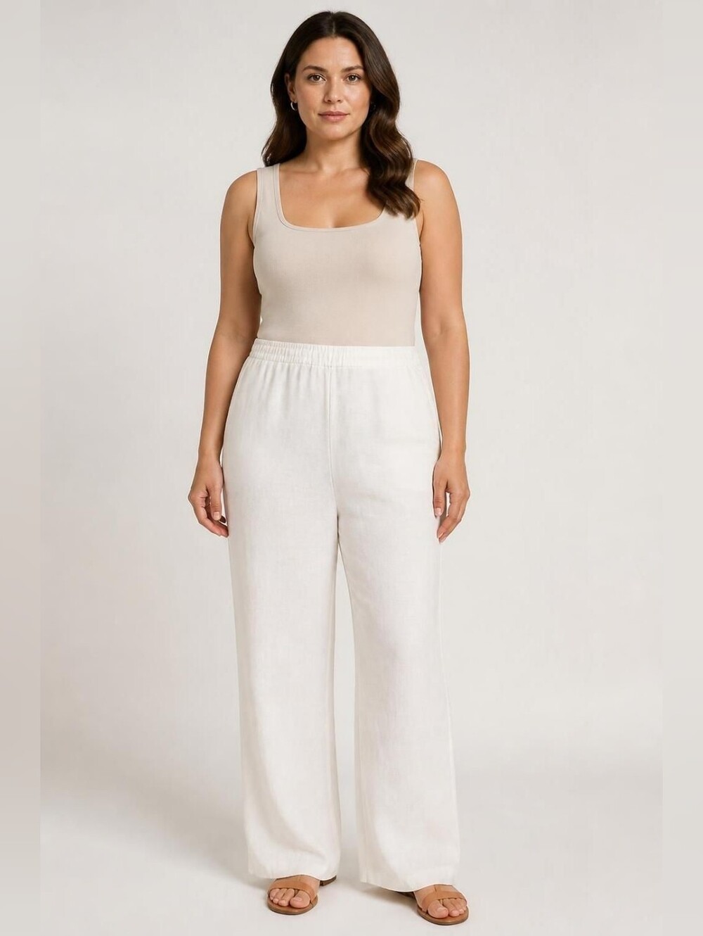 Kim Rogers Large 100% Linen Lined White Elastic Waist Pull-On Pants